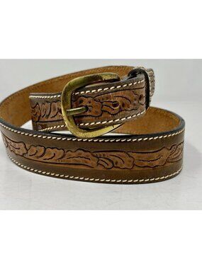Mens Size 36 Brown Hand Tooled Cowhide Leather Belt Brass Buckle Western 33-36”